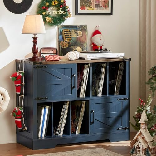 LELELINKY Plattenspieler Schrank mit Schallplattenregal für 300 Alben | 100 cm breit, 6 offene Fächer, 2 Türen, viel Stauraum für Vinyl und Zubehör, für Wohnzimmer & Musikzimmer,Blau