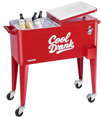 VEVOR Carrito Nevera con Ruedas 75,71 L, Carrito Refrigerador con Abridor de Botellas, Enfriador de Bebidas Portátil para Patios, Camping, Fiestas en Piscina, Exterior, 915 x 465 x 880 mm, Rojo
