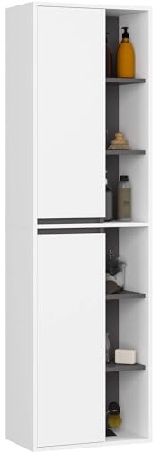 AKORD Bad-Hochschrank Hängend VAMI - 2 Türen, 10 Regalböden - Feuchtigkeitsbeständig - Laminierte Spanplatte - Badmöbel - Hoch Badschrank für Kosmetik - B50xH170xT30 cm - Weiß & Graphitgrau
