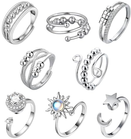 Rbleote 8er-Pack Verstellbare Öffnung Anti Stress Ring,Drehung Antistress Ring,Druckentlastende Stressring,Geeignet Für Damen Im Alltag Und Auf Reisen,Mit Zirkon,Sternen,Sonne Usw