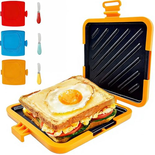 Microwave Toastie Sandwich Maker, Sandwich Toaster with Butter Knife, Panini Presses, Silicone Microwaveable Cookware for Quick Breakfasts, Grilled Cheese, Tuna Melts and Ham, Dishwasher Safe (Orange)