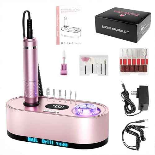 Professional Electric Nail Drill 40000RPM, Electric Nail File with 12 Drill Bits & LCD Display, Adjustable Speed Nail Drill Machine for Acrylic & Gel Nails, Manicure Pedicure Kit for Salon & Home Use