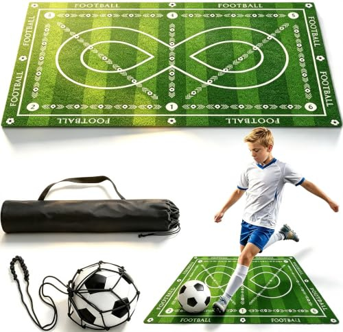 Fußball-Trainingsmatte mit 8 Designs, professionelle Fähigkeiten, Fußballmatte und Fußarbeitsball-Matte für drinnen und draußen, inklusive Aufbewahrungs- und Ballnetztaschen