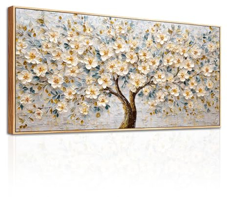 SERIMINO Quadro Moderno Albero Della Vita Fiori con Cornice 50x100 cm | Fiori Bianchi Oro, Stampa HD, Tela Pregiata, Telaio Legno Massello, Install Facile, Regalo Decorativo