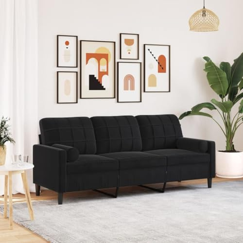 Keeushr Dreisitzer schwarz Samtsofa 180 cm mit Metallgestell und abnehmbaren Zierkissen für Wohnzimmer Dreisitzer schwarz