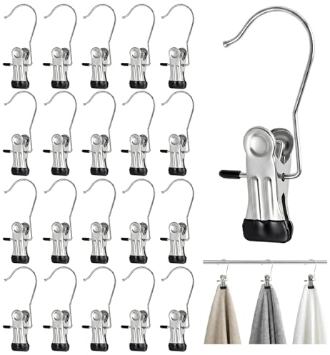 40 Stück Wäscheklammern Edelstahl, Metallklammern, Klammer mit Haken | 360° Wäsche Hakenclips zum Aufhängen Rutschfest Kleiderbügel Clip Drehbar Metallklammern für Hosen Schuhe Handtuch