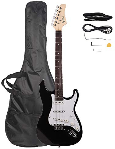 Bonnlo Full-Size Electric Guitar for Beginner, Rosewood Fingerboard,SSS Pick Up with Bag Shoulder Strap Pick Whammy Bar Cord Wrench Tool, Black & White
