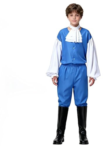 Yeahdor Barn, pojkar, set, prins, kostym, outfit, rollspel, kostym, prins, uppträdande dräkt, krause, falsk krage, byxdräkt, boll, blå, 134-140