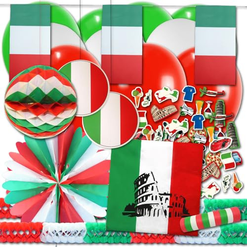 Italien Deko Set BASIC - italienische Dekoration mit Flagge Motiv, grün-weiß-roten Partyartikel & Motivservietten - für italienischen Abend, Nationalfeiertag, Bella Italia Mottoparty & Nationendeko