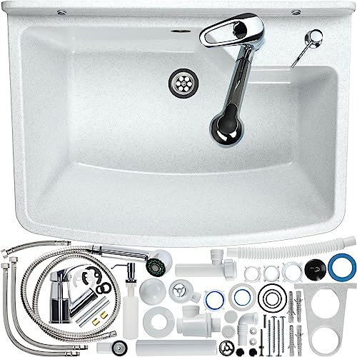 GOSPO Ausgussbecken mit ausziehbare Armatur, Waschbecken 61 x 44 x 23,5 cm, Waschtrog mit Seifenspender, Siphon, Spülbecken inkl. Zubehör, Waschraum, Industrie Waschtisch (weiß)