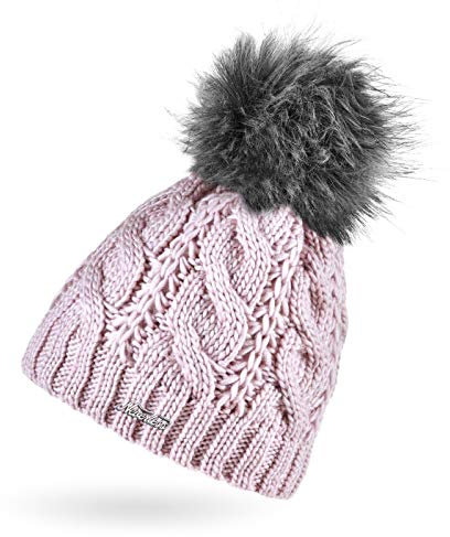 Neverless® Damen Strick-Mütze gefüttert mit Fleece Grobstrick Zopfmuster Fell-Bommel Kunstfell Bommelmütze Rosa
