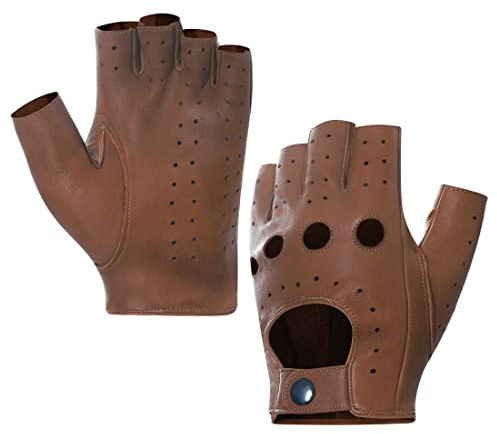 Harssidanzar Guantes de conducción de cuero de medio dedo sin dedos para hombre Actualización sin forro de piel de cordero GM032EU,Ensillar,talla S
