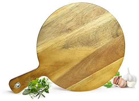 Sendez Pizzabrett mit Griff aus Akazienholz Ø 30 cm – Holzbrett mit Aufhängeloch – Vesperbrett, Käsebrett, Schneidebrett & Wurstplatte – Servierbrett 42 cm lang, 1,6 cm dick