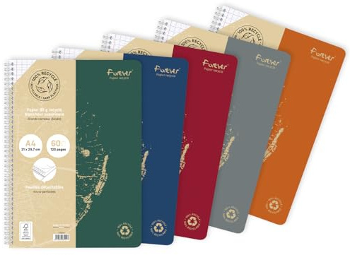 Clairefontaine 68401C – Häfte med spiralbindning Forever, 100% återvunnet papper, DIN A4, 21 x 29,7 cm, 60 ark, fransk linjatur, separerbar, 90 g, grön, 1 styck