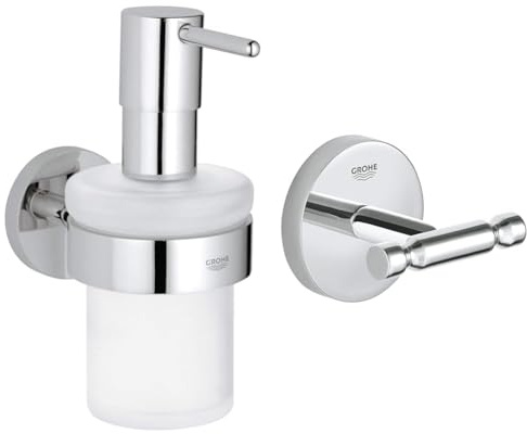 Grohe Dispenser Sapone con Supporto Essentials Cromo 40448001 + Grohe Gancio Baucosmopolitan Neutral, Cromo, 40461001