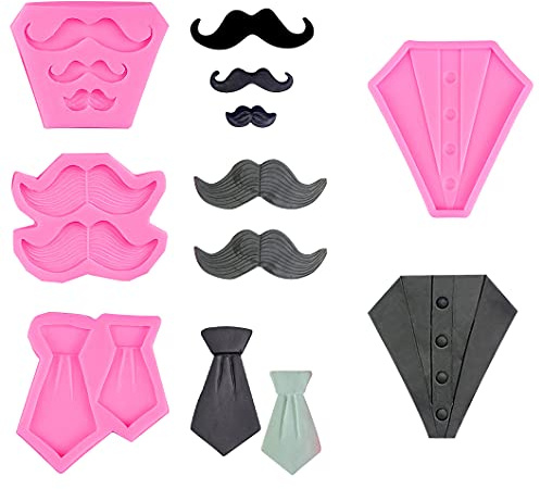 Rolin Roly 4 Pcs Tie Moustache Silicone Molds Pink Fondant Mould Chocolate Candy Baking Moulds Jewelry Making Mold Cake Decorations Moulds for DIY Pendant Pudding Soap Clay Home Kitchen