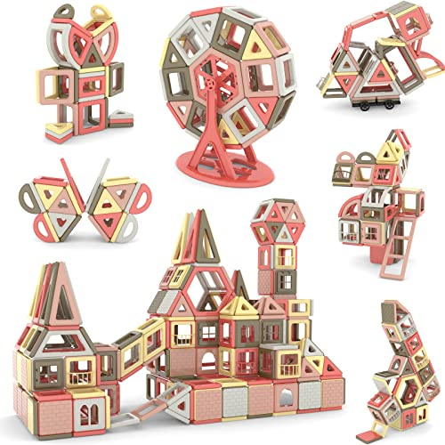 AOMIKS 151 STÜCKE Set Magnetische Bausteine Fliesen für Kinder Lernen & Lernen STEM Mini Bauspielzeug für Mädchen und Jungen ab 3 Jahren Morandi Farbe 3D Magnetfliesen