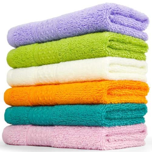 Cleanbear Paños de algodón suaves con 6 colores para cuerpo y cara, 13 x 13 pulgadas, juego de toallas de baño grandes, altamente absorbentes resistentes a la decoloración