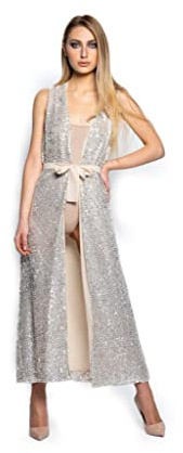 BSSTORE Gilet Abito Lungo Estivo Donna Cardigan Giro Maniche, Double-Face con Paillettes | Chiusura con Laccio | per Estate, Aperitivo, Piscina, Feste in Spiaggia, Vacanze (Bianco Panna)