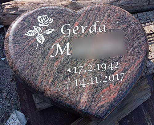 designgrab HimaL105-40x30x8 cm Liegestein Grabherz aus Granit Himalaya inkl. Beschriftung von Vor- und Nachname sowie Geburts- und Sterbedatum