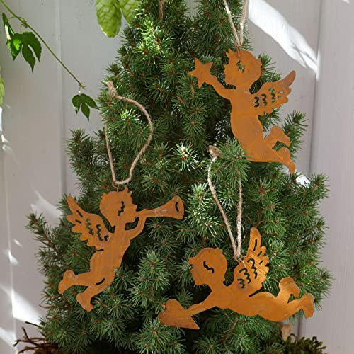 Engel am Juteband 3er Set zum Hängen Edelrost Stern Herz Trompete