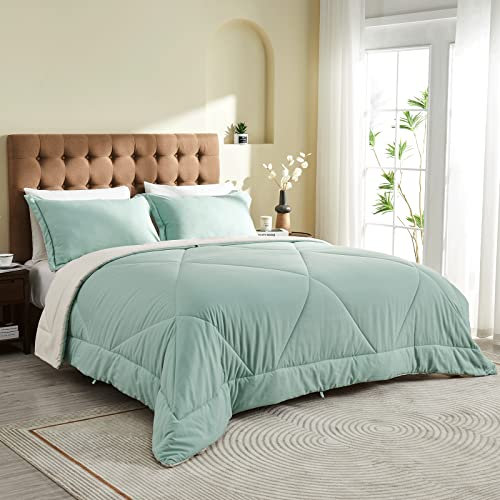 beeweed Bettdecke 240x220 cm Wende-Steppdecke, Sommerdecke 200 GSM Füllung, Mikrofaser Steppdecke, 240 x 220 cm Leichte Sommer-Bettdecke, Mintgrün/Beige