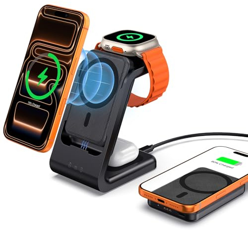 leChivée Magnetisch Induktive Ladestation für iPhone 16 mit 5000mAh P-ower Bank, 3 in 1 Ladestation für iPhone 16/15/14/13, Kabelloses Ladegerät für iWatch Ultra 2/10/9/8/7,für AirPods 4/3/Pro