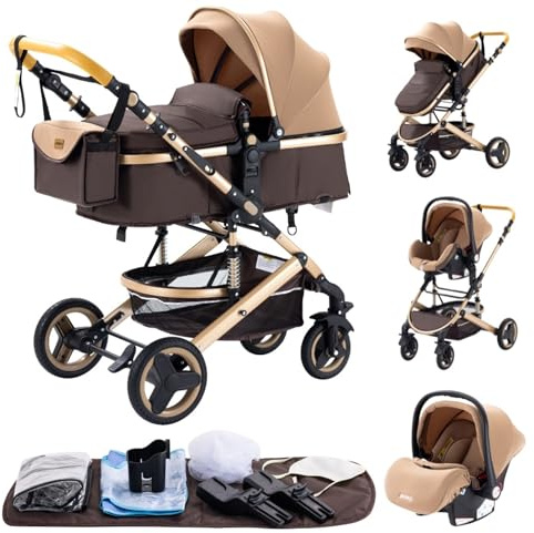 YAZOCO Pram 3 in 1, Pushchair with Height Adjustable Handle, Travel System Pram with Changing Bag, Baby Stroller with Aluminum Frame for Newborn 0-4 Years (530 Khaki)