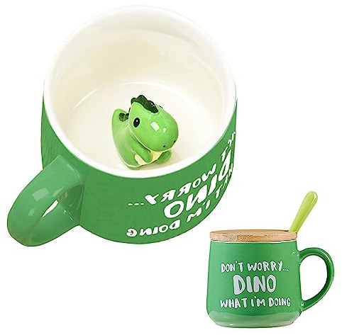 BigNoseDeer Dinosaurier Keramik Tasse Lustig Personalisiert Tassen mit Spruch Kawaii Süße Sachen Kaffeebecher Cappuccino Lustige Teetasse Mit Deckel Personalisierte Geschenke für Frauen Männer Mädchen