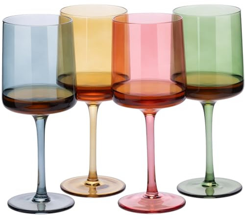 Navaris Copas de Vino cuadradas - Set de 4X Copa de Vino de Cristal de Colores - Copas Vino Blanco y Tinto - Juego de 4X Copas Vino Cristal Multicolor