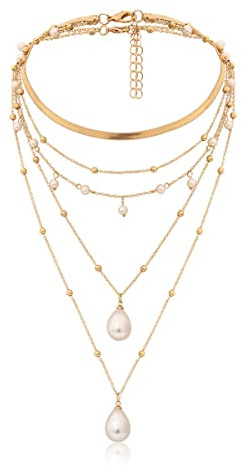 fdsmall Halsketten für Frauen Boho 14k Gold überzogene handgemachte Perlen Kette Layered Halskette zierliche Perle Anhänger Link Kette Choker Halskette Schmuck Geschenk für Frauen und Mädchen (Gold)