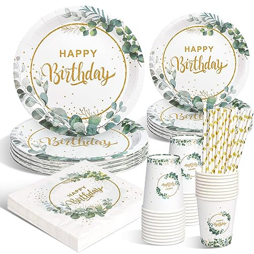 DANXIAN Geburtstagsdeko Partygeschirr Set, Pappteller Kindergeburtstag, Eukalyptus Pappteller, Happy Birthday Deko Partyzubehör Pappteller für Junge Mädchen Partys 20 Gäste