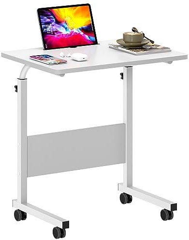 DlandHome 60 x 40 cm, tavolo da lavoro, tavolo per la colazione, regolabile in altezza con ruote, per ufficio, camera da letto, con slot per tablet, colore bianco