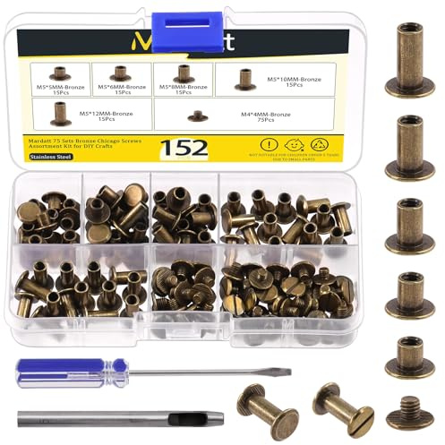Mardatt 152Pcs 5 Sizes Chicago Screws with Punch and Screwdriver, M5 x 5/6/8/10/12MM Carbon Steel Chicago Rivets M5 Chicago Binding Screws Flat Head Leather Rivets for DIY Leather Repair(Bronze)