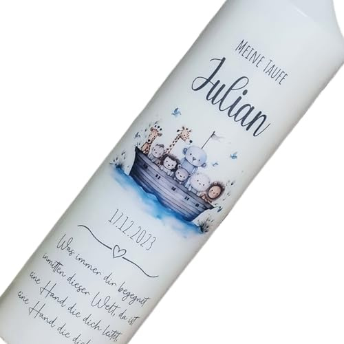 TAUFKERZE | KOMMUNIONKERZE | KONFIRMATIONKERZE - Arche Noah  Julian für Mädchen & Jungen, mit Name Datum und Taufspruch beschriftet. Taufkerze Walfisch (40x4) (40x5)