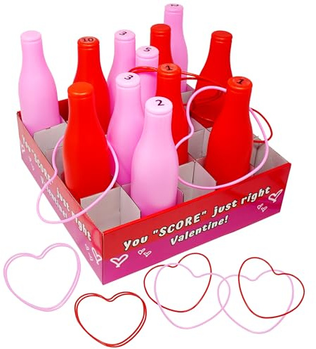 Valentine Bottle Ring Toss Game for Kids Party Activity, Indoor/Outdoor Backyard Yard Carnival Game, Classroom Valentine's Party Games for Kids and Adults Party Supplies by 4E's Novelty, Red, Pink