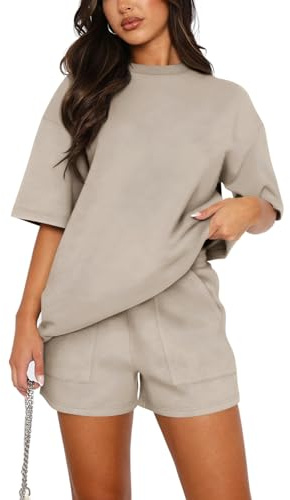 REORIA Damen Tracksuit Kurzarm Rundhalsausschnitt Einfarbig Zweiteiler Hausanzug Loungewear Outfit Jogger Trainingsanzug Set Khaki L