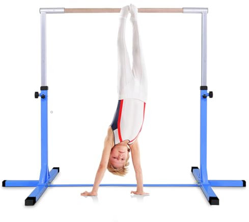 KOMFOTTEU Kinder Turnreck, Gymnastik Bar Gymnastikstange 12 stufig Höhenverstellbar, Reckstange Turnstange aus Stahl & Holz, Reck Stange zum Turnen für Mädchen Jugendliche, max 100kg belastbar (Blau)