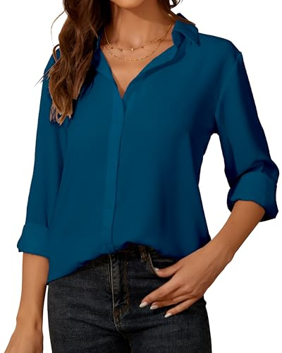 SPRING SEAON Womens Blouse Long Sleeve Chiffon V-Neck Button Down Shirt Casual Office Work Tops for Ladies