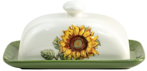 Bicuzat Ceramic Butter Dish With Lid - Keeper Plate Tray for Kitchen Countertop, Embossed Sunflower Pattern Crock Saver