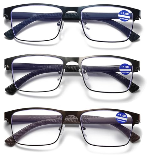 Hubeye 3 Pack Reading Glasses Men Metal Frame Square Style Stainless Steel Material Spring Hinges Blue Light Blocking Computer Readers 2.00