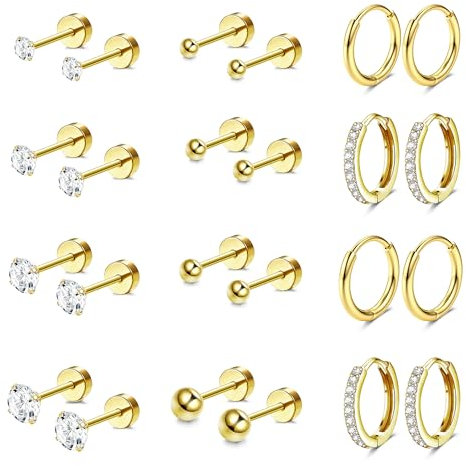 Diamday 12 Paar Ohrringe Gold Set für Damen Chirurgenstahl Creolen Ohrstecker Gold Piercing Ohr Helix Knorpel Medizinische Ohrstecker Huggie Creolen Hypoallergene Goldene Ohrringe Mehrfache Piercings