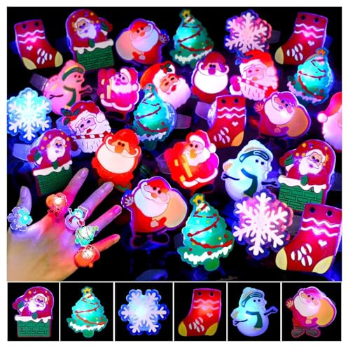 EKKONG 25 Stück Blinkende Weihnachtsringe LED Fingerringe Leuchtende Gummiringe für Kinder Adventskalender Befüllen Weihnachtsgeschenke Strumpffüller