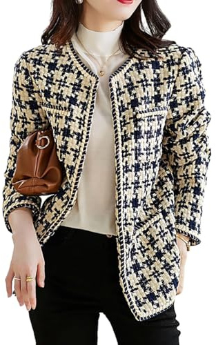 BININBOX Giacca a Quadri Corta da Donna senza Colletto Elegante Tweed Chic Giacca da Ufficio Casual (Beige, M)