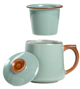 HAFTOLYR Tazas de té de cerámica, tazas infusoras de té, taza de té con infusor y tapa, con filtros y tapas, brillantes y coloridas para hacer té, café y otras bebidas (Azul grisáceo estilo Ge Yao)