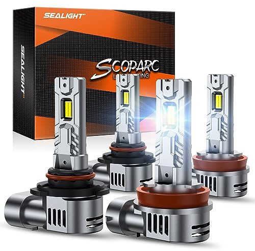 SEALIGHT S2S 9005/HB3 H11/H8/H9/H16 Light Bulbs Combo, 160,000LM Super Brighter, 6500K Pure White 9005 H11 Fog Bulbs with 25000RPM Cooling Fan, 80K+ Hours Lifespan, 4-Pack for Cars/Trucks/SUVs
