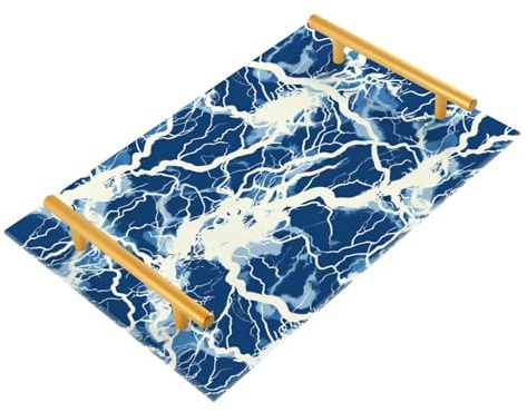 Lightning Bolts - Bandeja grande decorativa azul y blanca con asas, bandeja rectangular para servir joyas, perfumes, servicio de habitación, charola para comida