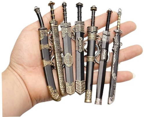 Ercoiong 7Pcs Mini Sword, 4.7 Ancient Sword Keychain Chinese Keychain Zinc Alloy Key Chain Old Scabbard Decoration Pattern Uncut Blade Model for Men Women