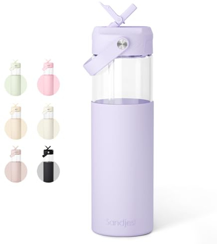 SANDJEST Glass Water Bottle with Silicone Sleeve and Straw Lid 20oz for Girls Women, Glass Drinking Bottles for Travel Home Gym Sports (Amethyst Whisper)