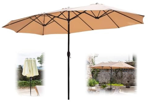 Parasol de jardin double rectangulaire avec manivelle, 380 x 200 cm, grand parasol de marché pour extérieur, couleur kaki, parfait pour terrasse et arrière-cour (3,7 x 2 m)